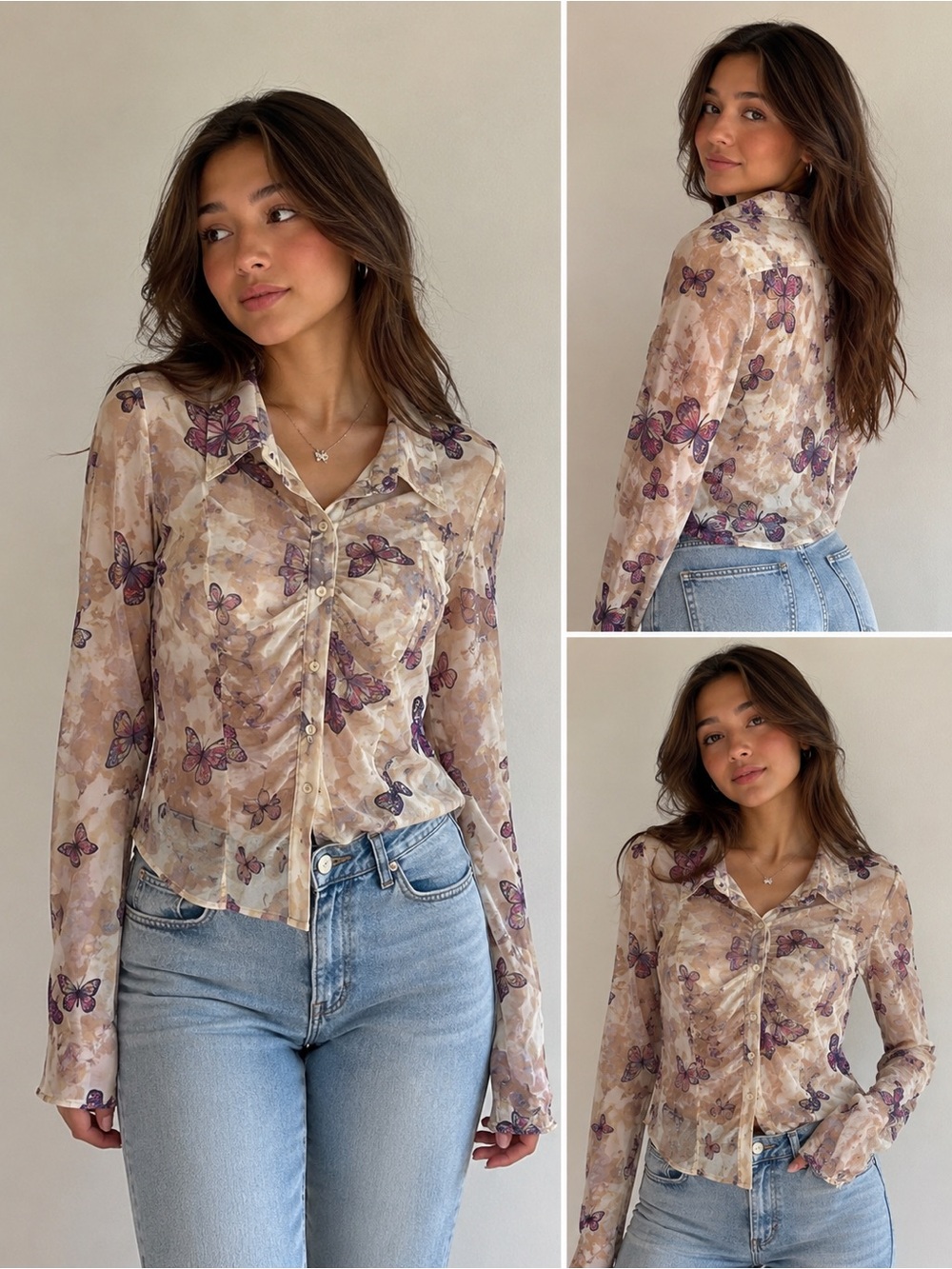 meraki Sheer Beige Butterfly Print Button-Up Top